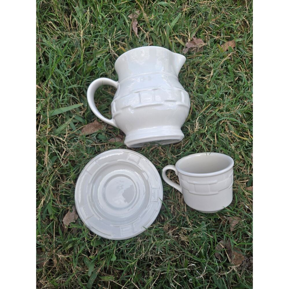 Longaberger Woven Pitcher Ivory 7.5" 2 Quart With Cup And Saucer